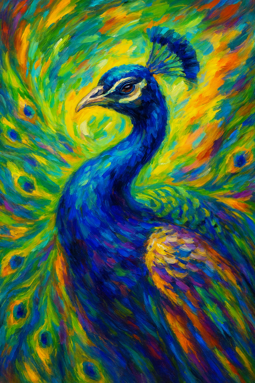 An expressionist-style AI-generated
                            image of a peacock with a bright blue head and vibrant, multicolored feathers, surrounded by a 
                            swirling, intensely colorful background. Bold, textured brushstrokes radiate outward from the 
                            bird, emphasizing its beauty, pride, and striking presence