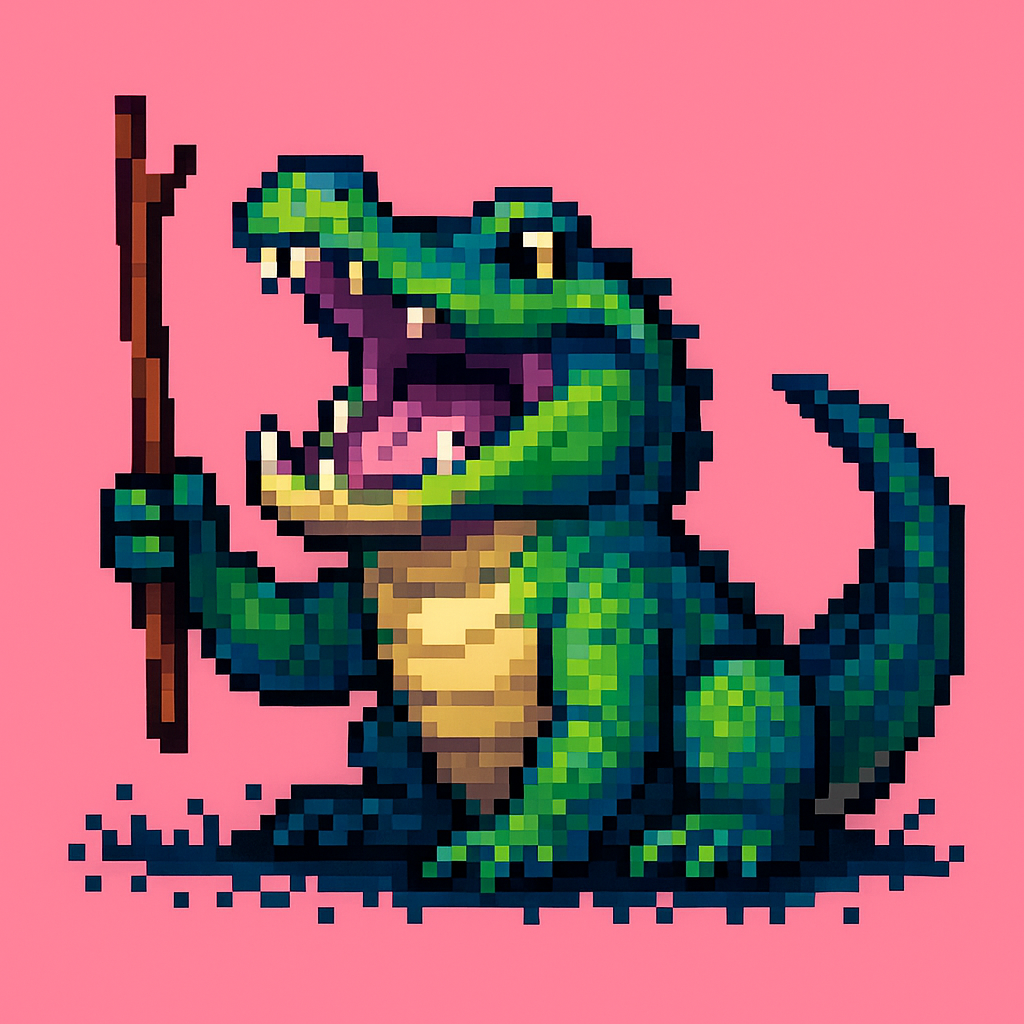 Pixel art of a cartoon-style crocodile sitting 
                            upright against a pink background. It holds a small twig in one hand, lifting it as if using it 
                            to lure or trick potential prey. The crocodile is bright green with an open mouth, showing teeth 
                            and a playful yet mischievous expression.