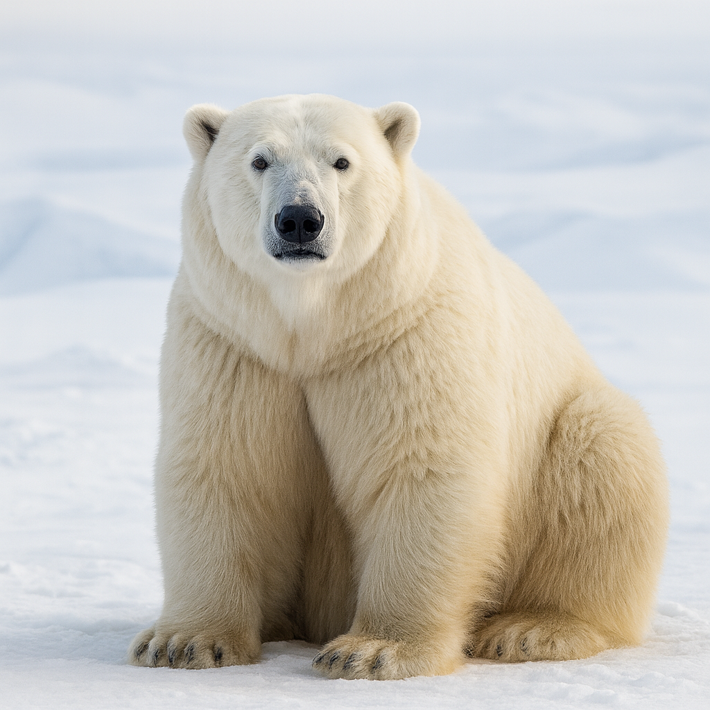 A realistic polar bear stands on a 
                            snowy Arctic landscape, its white fur blending softly with the surrounding ice. Behind it, 
                            pale blue light reflects off distant snowdrifts, creating a calm, frozen atmosphere. The bear 
                            looks alert and peaceful, captured in a high-resolution, nature-photography style.