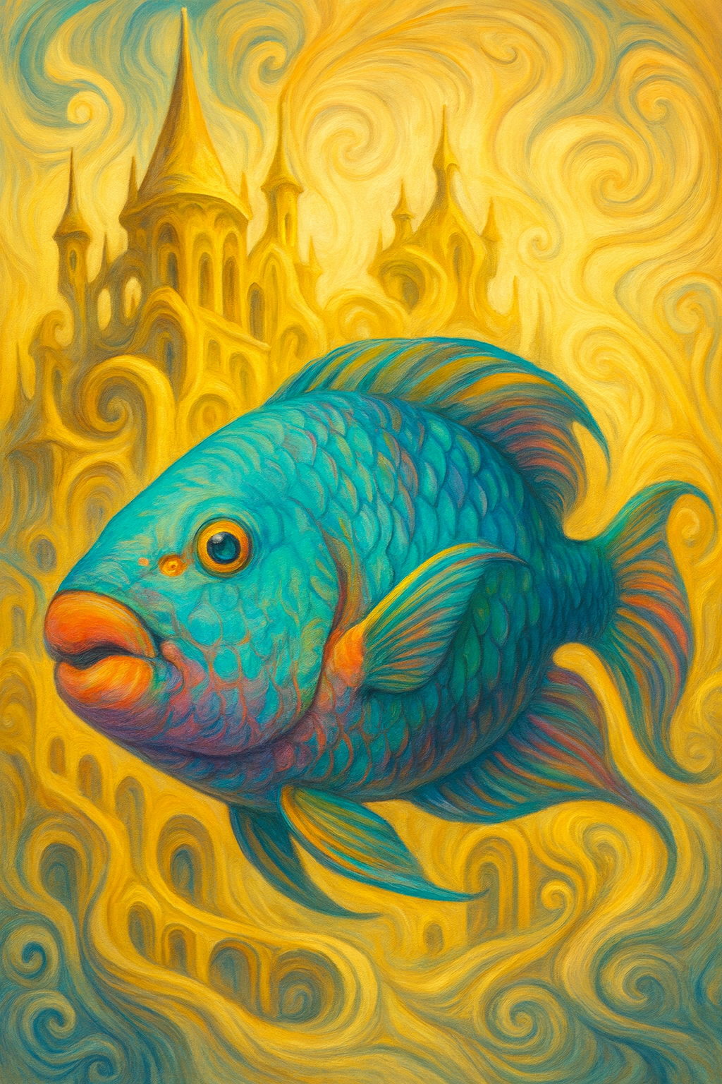 Surrealist artwork of 
                            a brightly colored cyan parrotfish floating in front of a distorted, golden-yellow 
                            castle. The background is filled with swirling warm tones, blending yellows, oranges, 
                            and soft blues into dreamlike shapes. The fish's vivid scales and the castle's melting 
                            architecture create a whimsical, otherworldly atmosphere